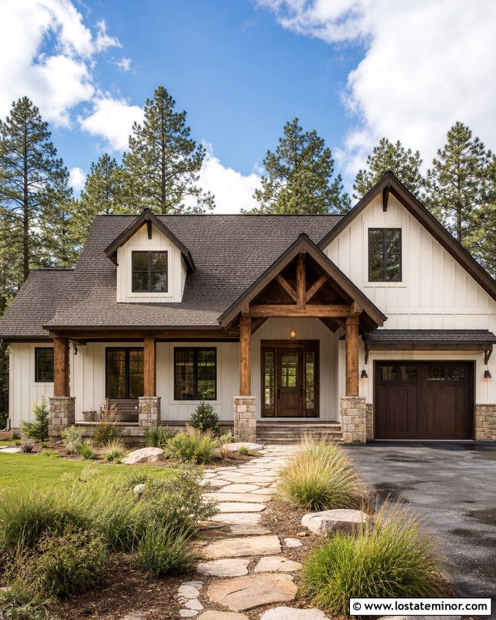 Warm White Siding With Rustic Wood Beams - 30 Warm White House Design With Siding Ideas