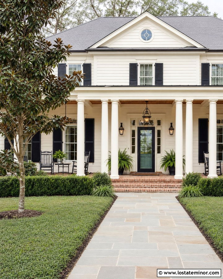 Warm White Southern House With Black Storm Door - 30 Warm White House Design With Storm Door Ideas