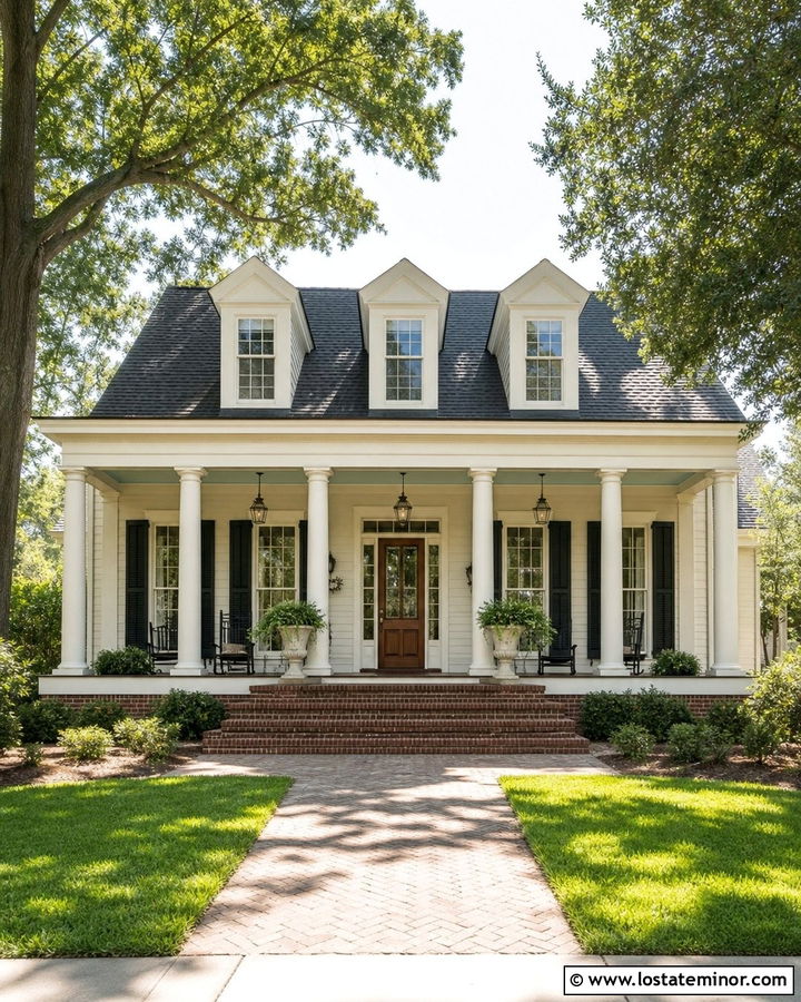 Warm White Southern House With Brick Porch Floor - 30 Warm White House Design With Brick Accents Ideas