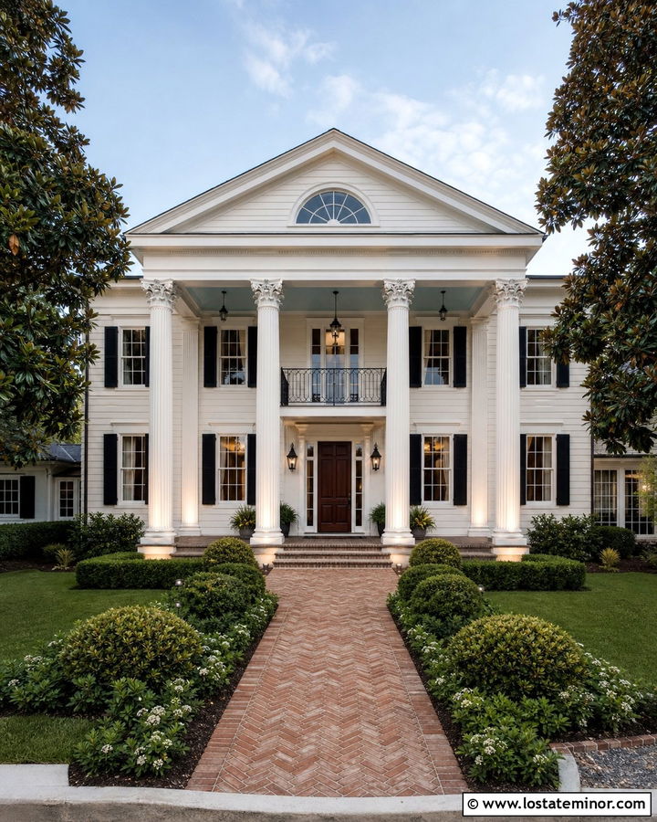 Warm White Southern House With Column Uplighting - 30 Warm White House Design With Lighting Ideas