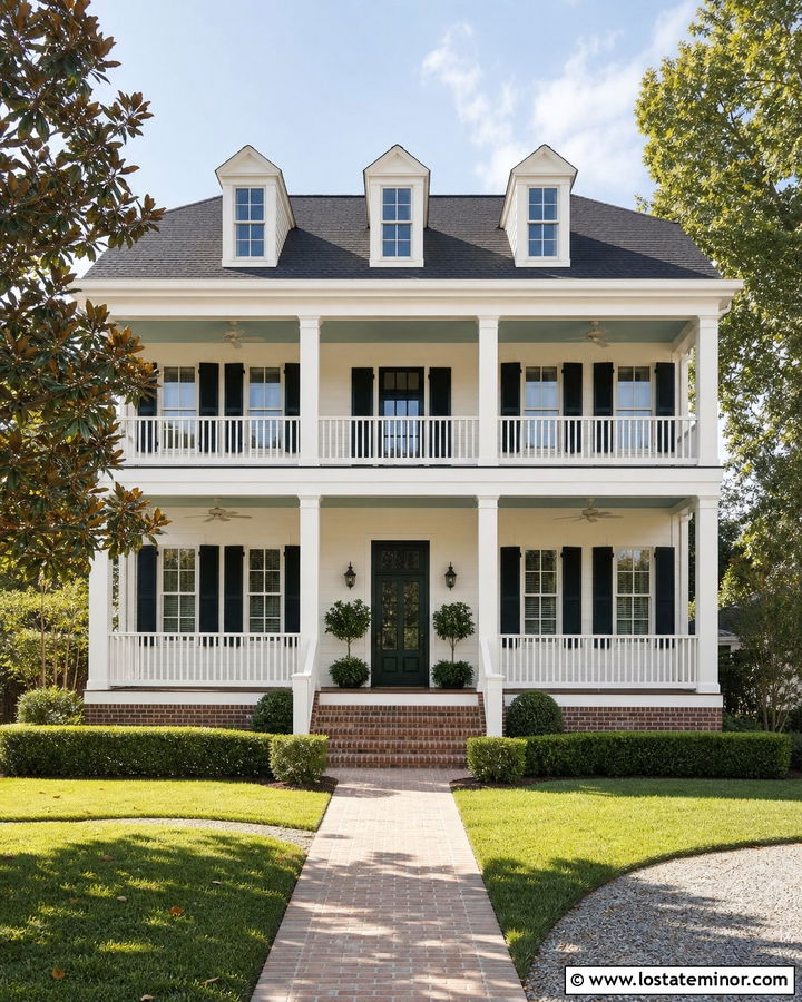 Warm White Southern House With Double Deck - 30 Warm White House Design With Deck Ideas