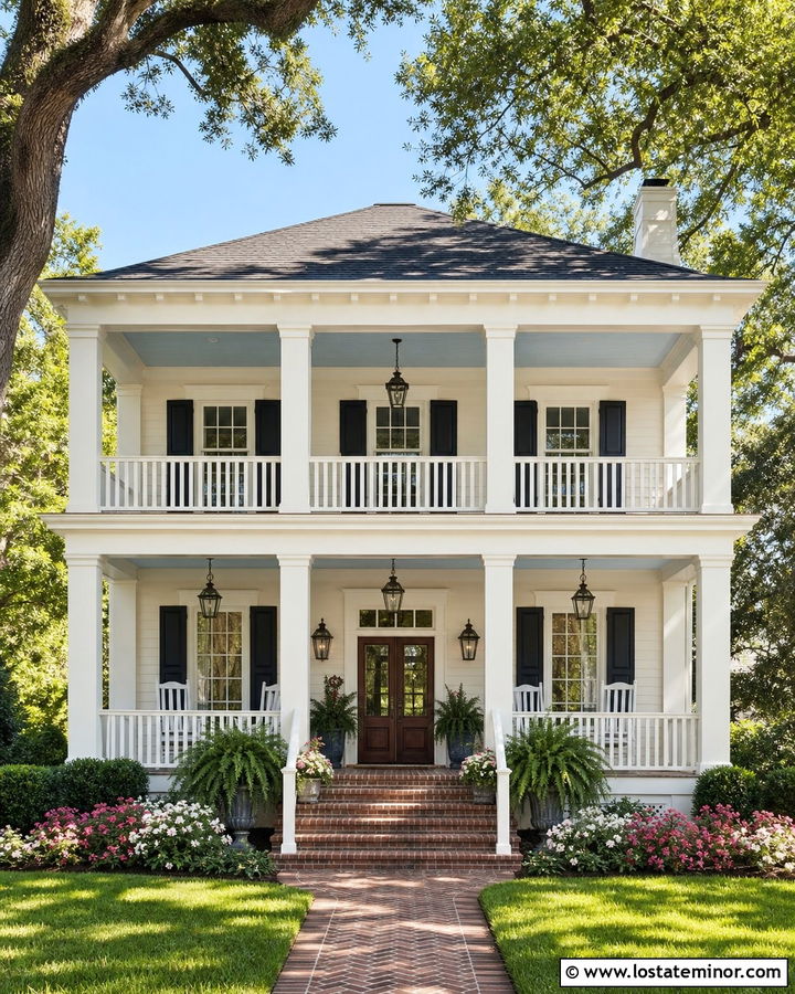 Warm White Southern House With Double Porch Railings - 30 Warm White House Design With Railings Ideas