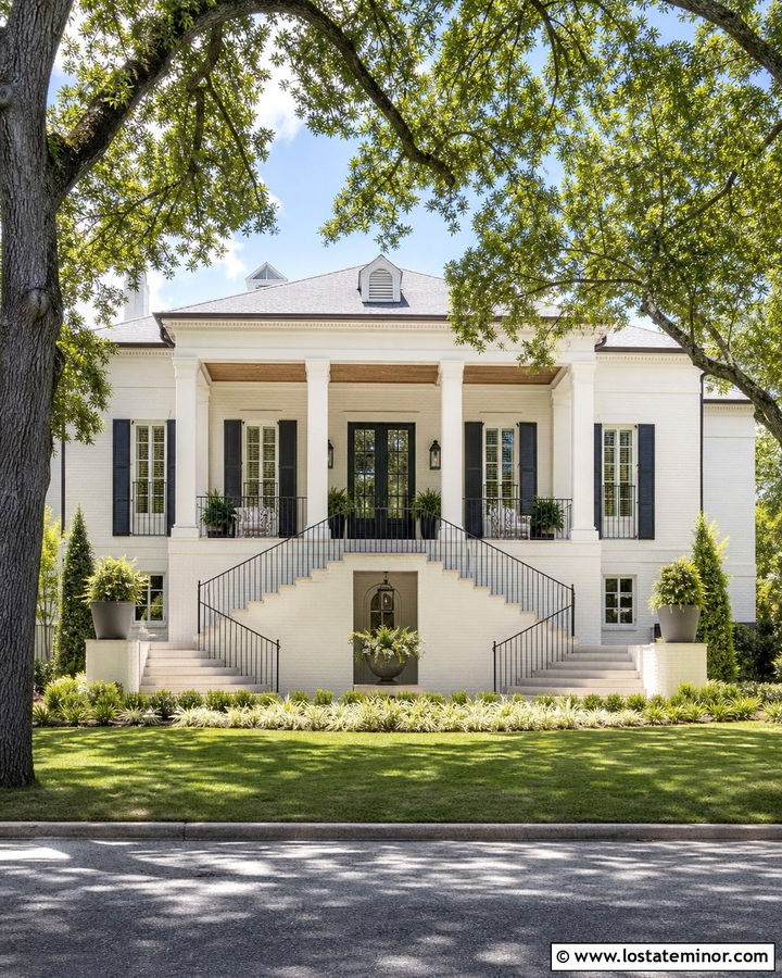 Warm White Southern House With Double Staircase - 30 Warm White House Design With Steps Ideas