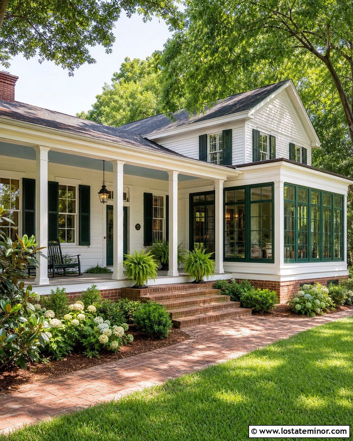 Warm White Southern House With Porch Sunroom - 30 Warm White House Design With Sunroom Ideas
