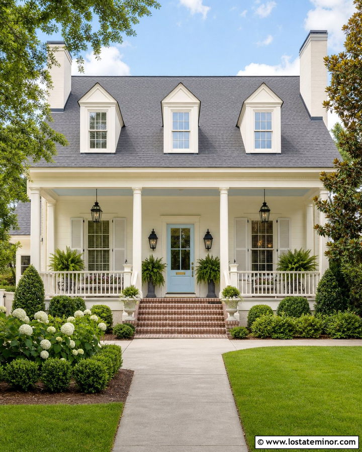 Warm White Southern House With Sky Blue Front Door - 30 Warm White House Design With Front Door Ideas