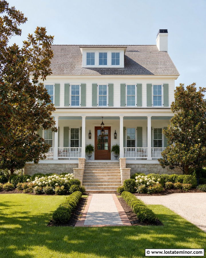 Warm White Southern House With Stone Piers - 30 Warm White House Design With Stone Accents Ideas