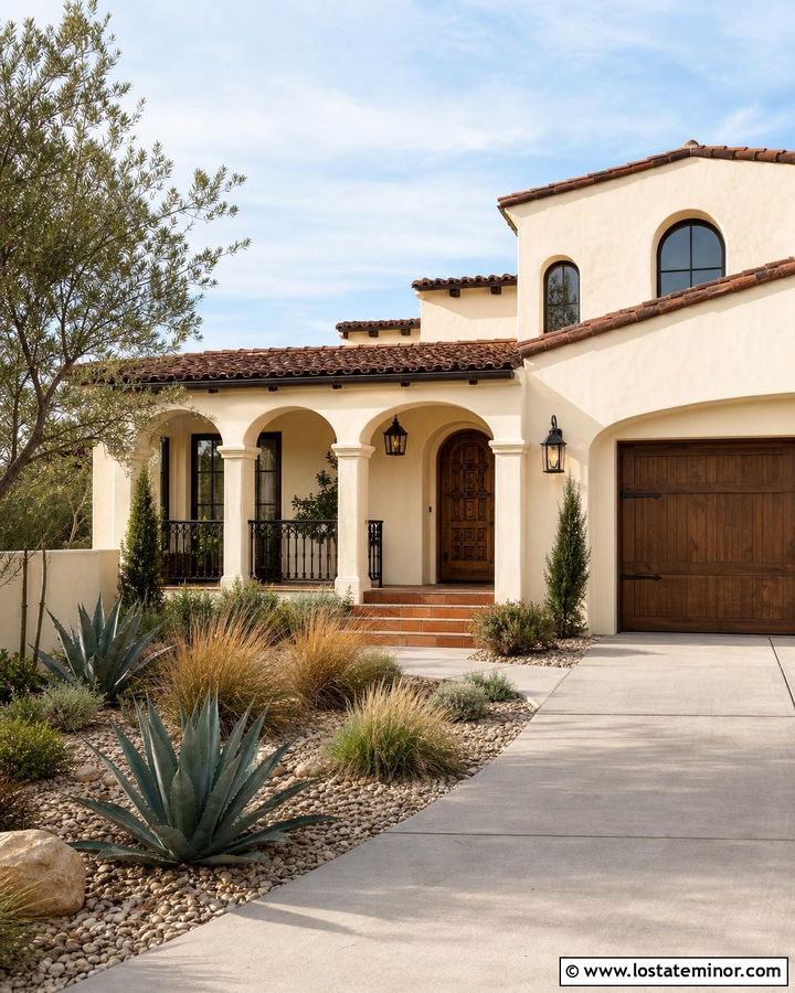 Warm White Spanish Colonial With Arched Porch Columns - 30 Warm White House Design With Porch Columns Ideas