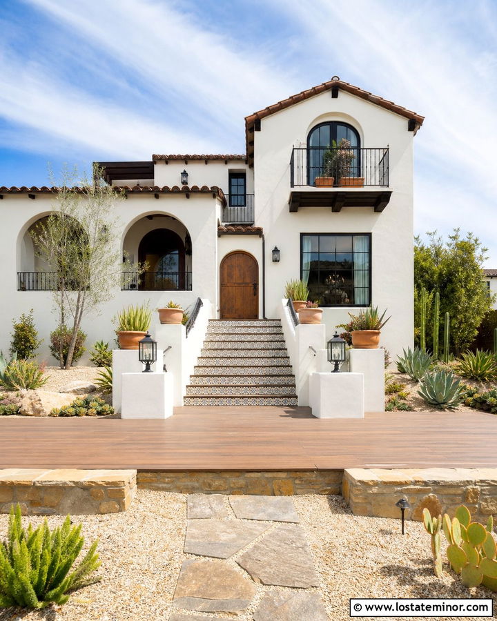 Warm White Spanish House With Courtyard Deck - 30 Warm White House Design With Deck Ideas
