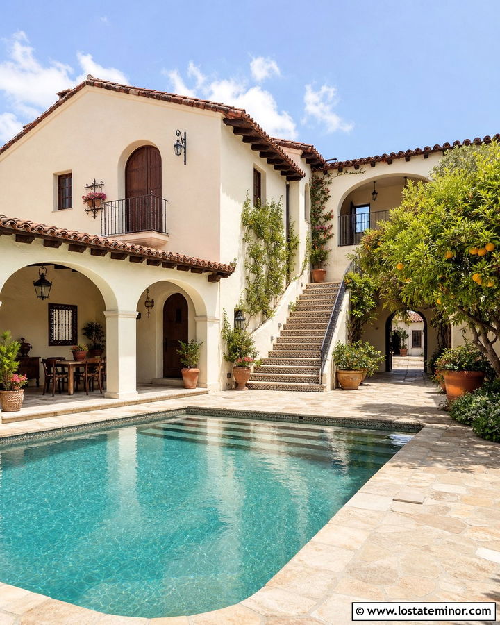 Warm White Spanish House With Courtyard Pool - 30 Warm White House Design With Swimming Pool Ideas