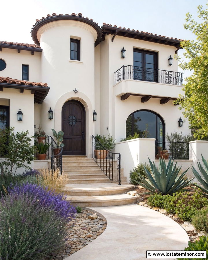 Warm White Spanish House With Curved Stone Steps - 30 Warm White House Design With Steps Ideas