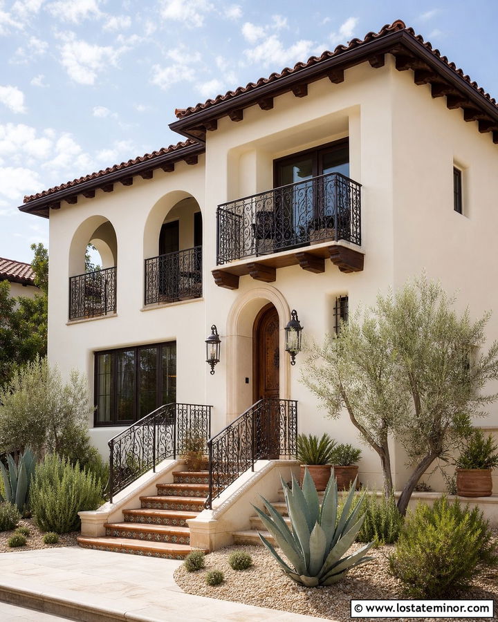 Warm White Spanish House With Decorative Iron Railings - 30 Warm White House Design With Railings Ideas