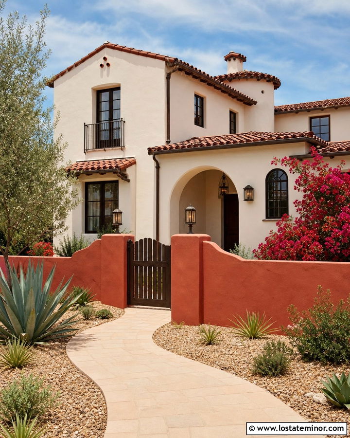 Warm White Spanish House With Terracotta Fence Wall - 30 Warm White House Design With Fence Ideas