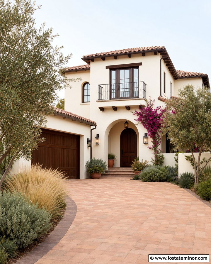 Warm White Spanish House With Terracotta Paver Driveway - 30 Warm White House Design With Driveway Ideas