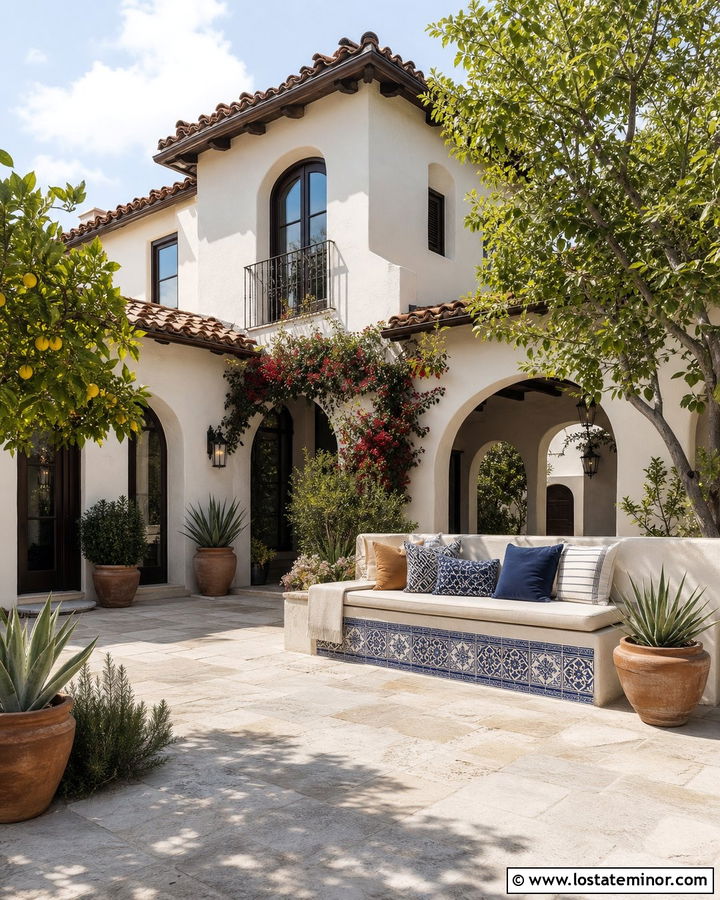 Warm White Spanish House With Tiled Daybed - 30 Warm White House Design With Daybed Ideas