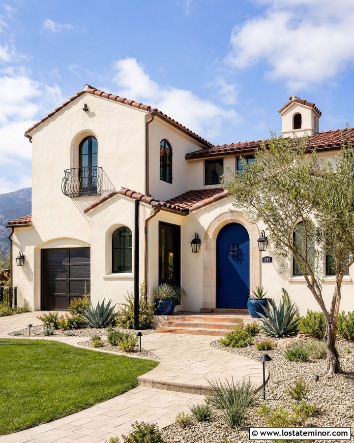 Warm White Spanish Revival With Cobalt Blue Front Door - 30 Warm White House Design With Front Door Ideas
