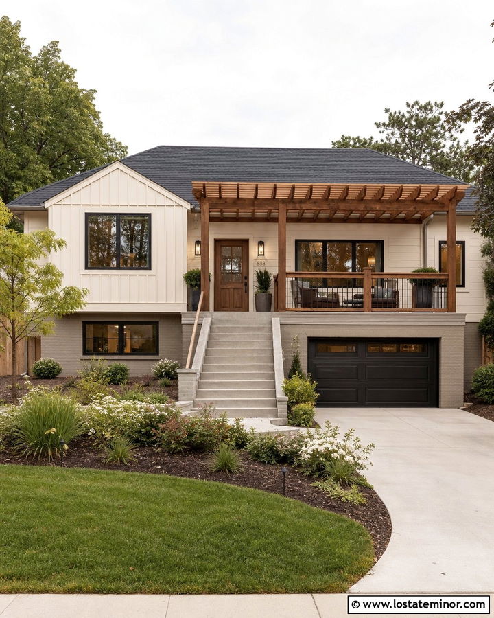 Warm White Split Level House With Deck Pergola - 30 Warm White House Design With Pergola Ideas