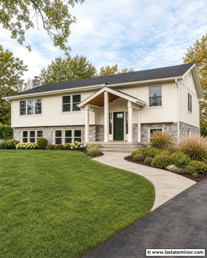 Warm White Split Level House With Offset Portico - 30 Warm White House Design With Portico Ideas