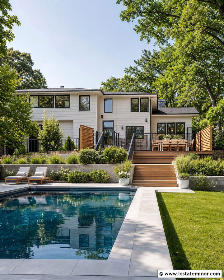 Warm White Split Level House With Pool Deck - 30 Warm White House Design With Swimming Pool Ideas
