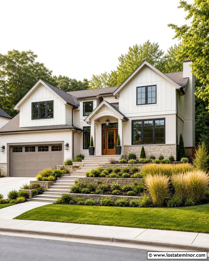 Warm White Split Level House With Tiered Beds - 30 Warm White House Design With Landscaping Ideas