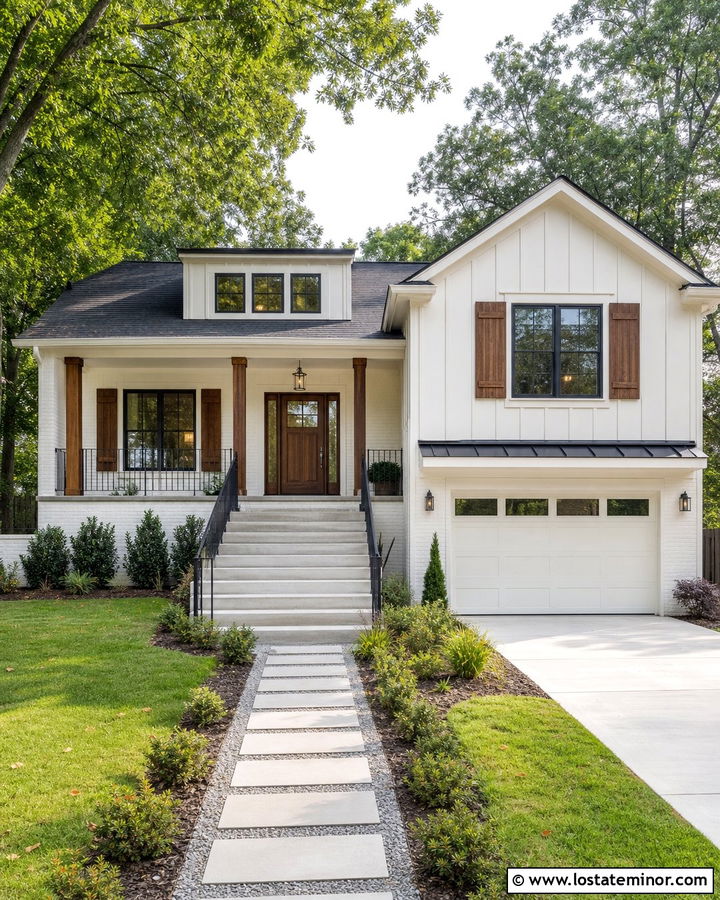 Warm White Split Level House With Walnut Shutters - 30 Warm White House Design With Shutters Ideas