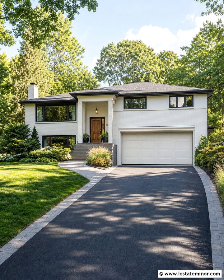 Warm White Split Level With Asphalt And Paver Border - 30 Warm White House Design With Driveway Ideas