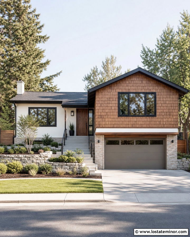 Warm White Split Level With Cedar Shake Siding - 30 Warm White House Design With Cedar Shake Ideas