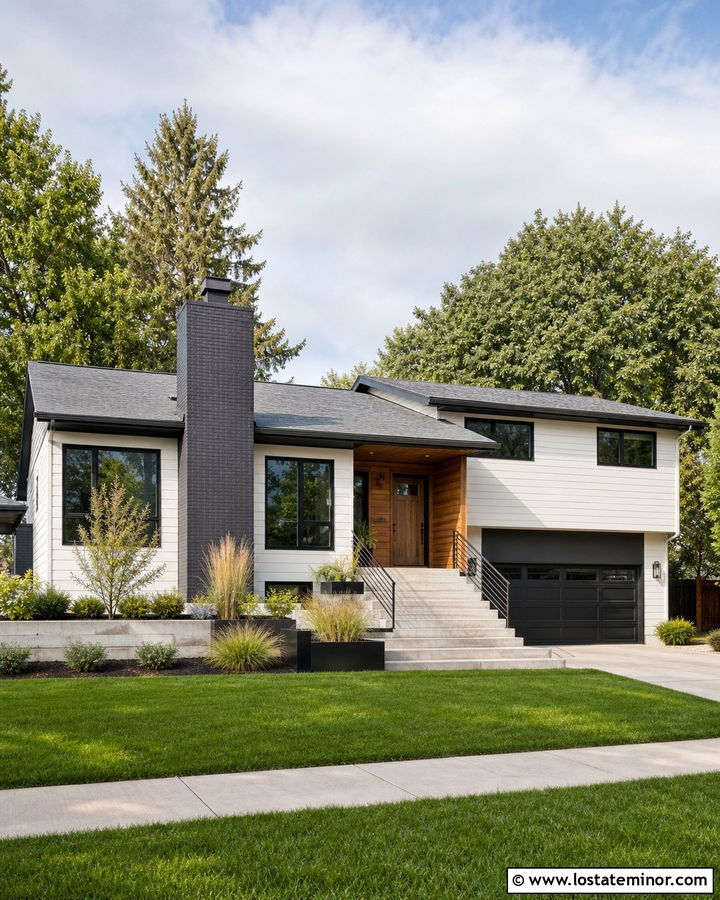 Warm White Split Level With Charcoal Brick Chimney - 30 Warm White House Design With Chimney Ideas