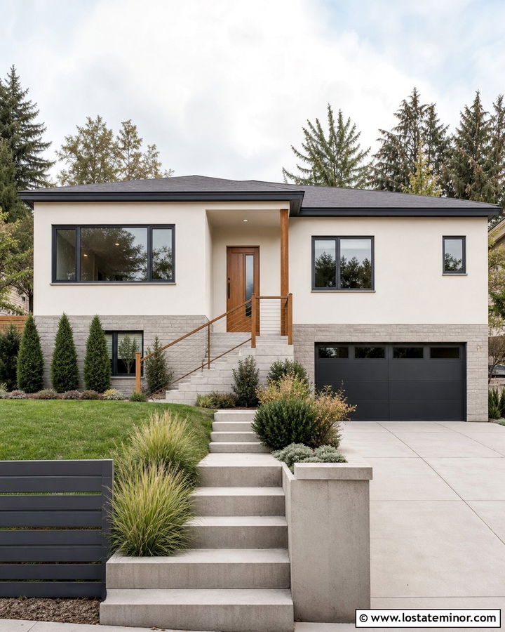 Warm White Split Level With Charcoal Fence - 30 Warm White House Design With Fence Ideas