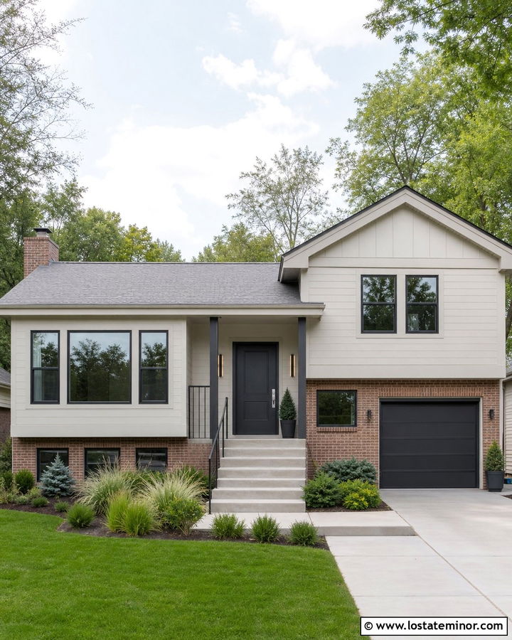Warm White Split Level With Charcoal Front Door - 30 Warm White House Design With Front Door Ideas