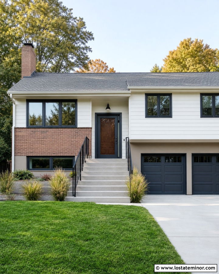 Warm White Split Level With Charcoal Storm Door - 30 Warm White House Design With Storm Door Ideas