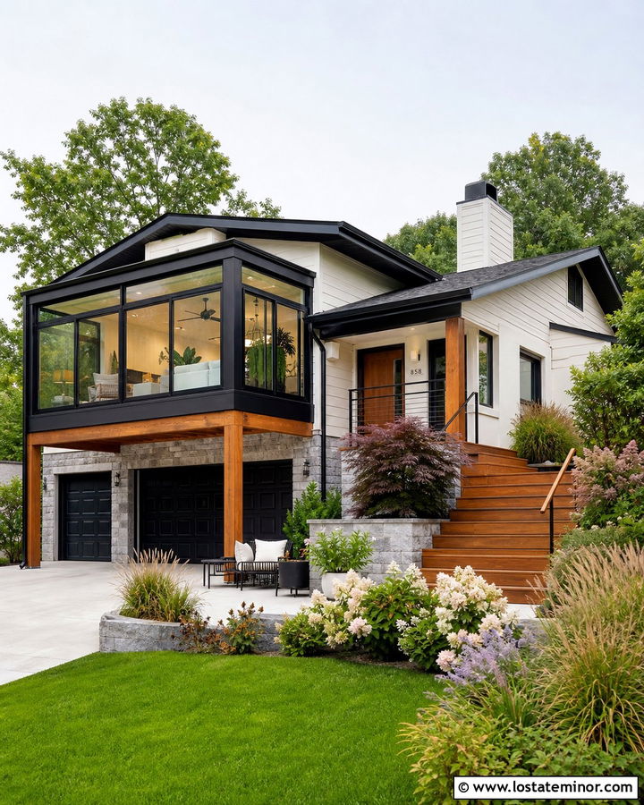 Warm White Split Level With Deck Sunroom - 30 Warm White House Design With Sunroom Ideas