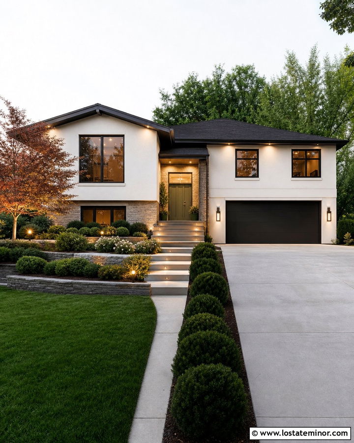 Warm White Split Level With Garage Lighting - 30 Warm White House Design With Lighting Ideas