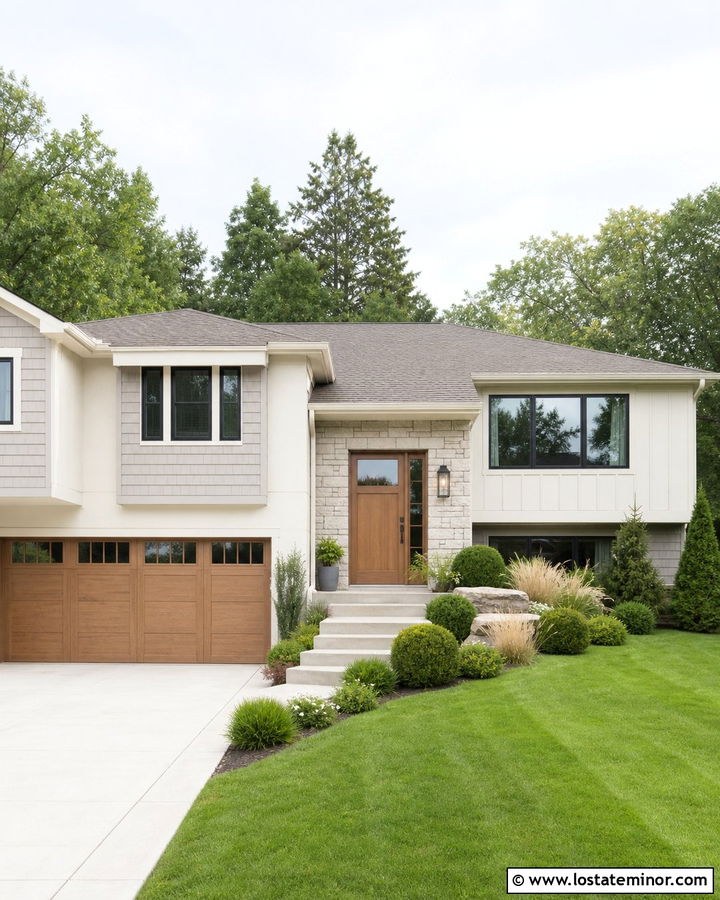 Warm White Split Level With Greige Shingles - 30 Warm White House Design With Shingles Ideas