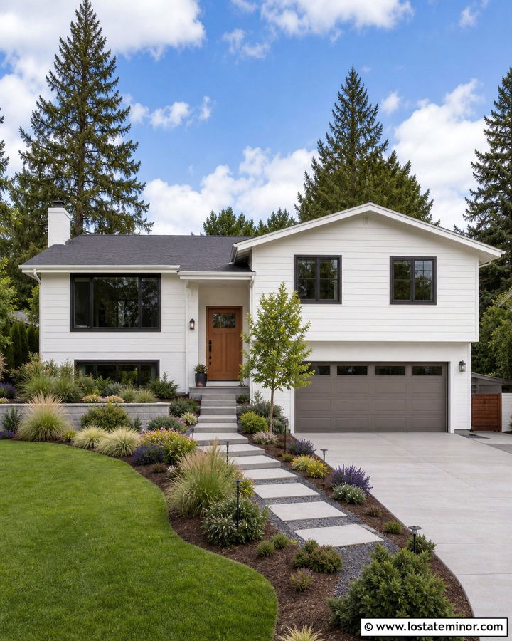 Warm White Split Level With Layered Landscaping - 30 Warm White House Design With Front Yard Ideas