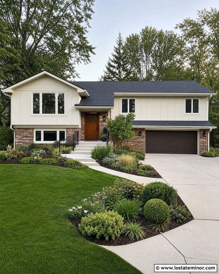 Warm White Split Level With Mixed Brick - 30 Warm White House Design With Brick Accents Ideas