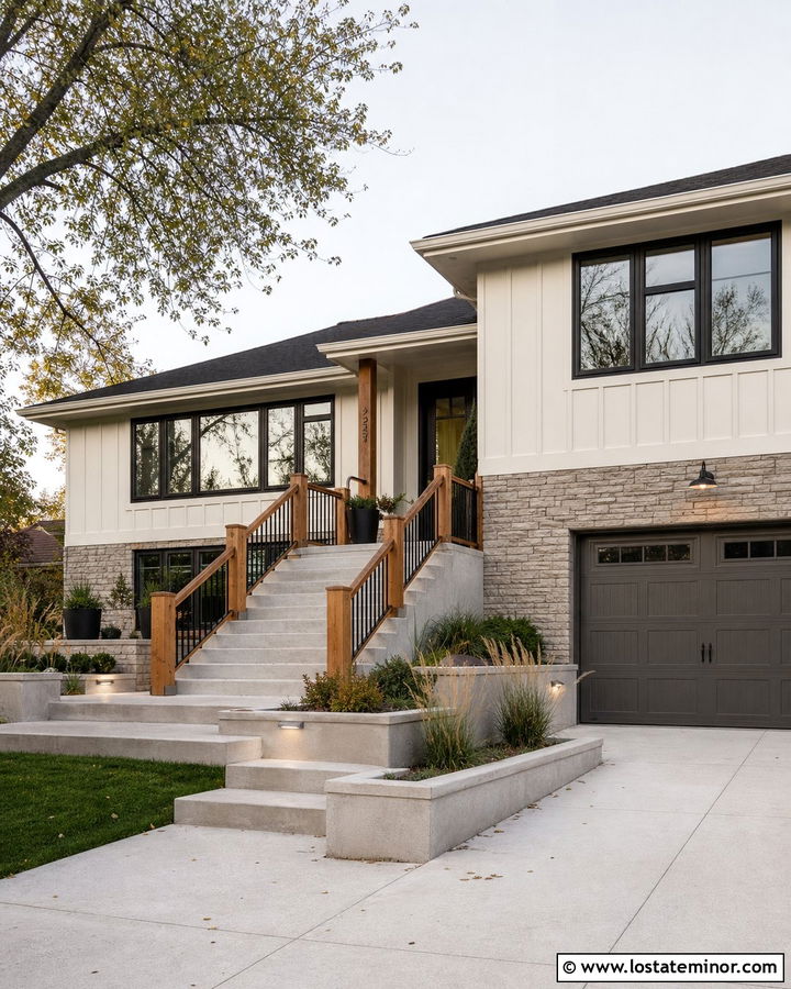 Warm White Split Level With Mixed Material Railings - 30 Warm White House Design With Railings Ideas