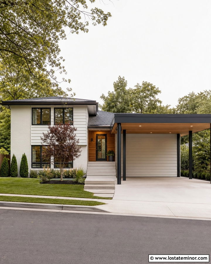 Warm White Split Level With Modern Carport - 30 Warm White House Design With Carport Ideas