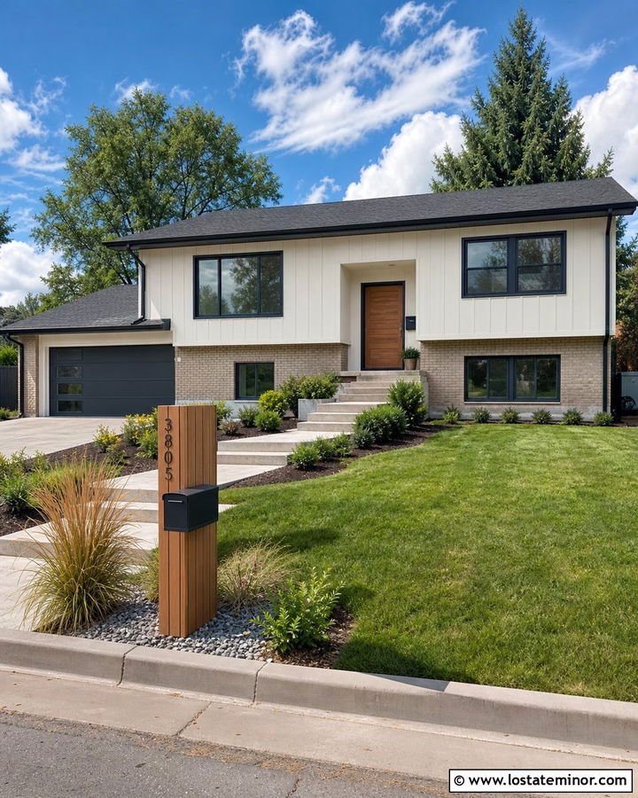 Warm White Split Level With Modern Mailbox - 30 Warm White House Design With Mailbox Ideas