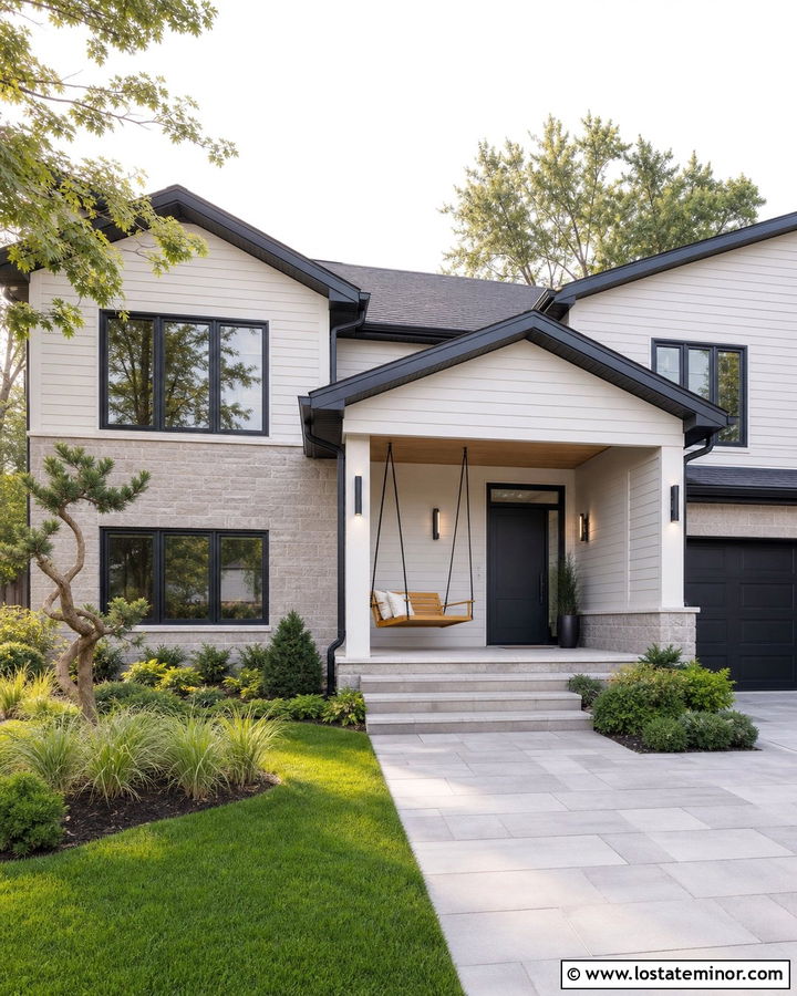Warm White Split Level With Modern Swing - 30 Warm White House Design With Swing Ideas