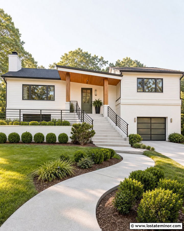 Warm White Split Level With Shed Porch Columns - 30 Warm White House Design With Porch Columns Ideas