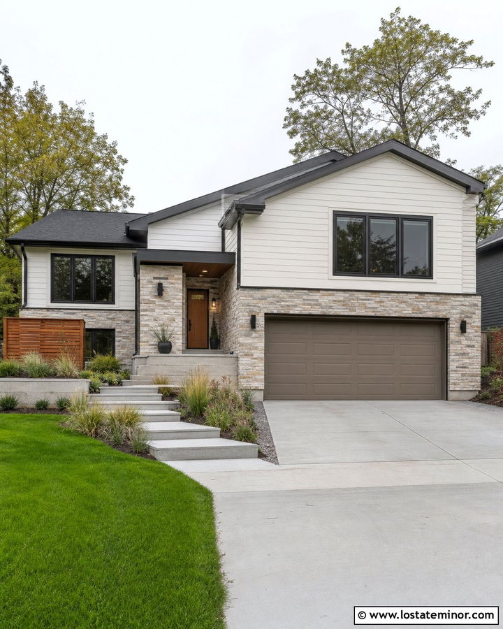 Warm White Split Level With Stone Garage - 30 Warm White House Design With Stone Accents Ideas