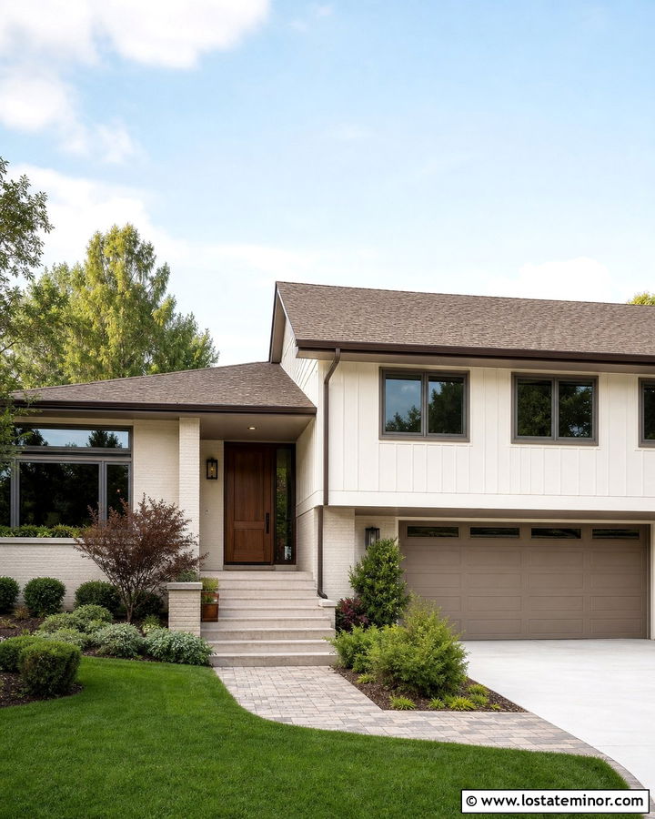 Warm White Split Level With Taupe Porch Ceiling - 30 Warm White House Design With Porch Ceiling Ideas