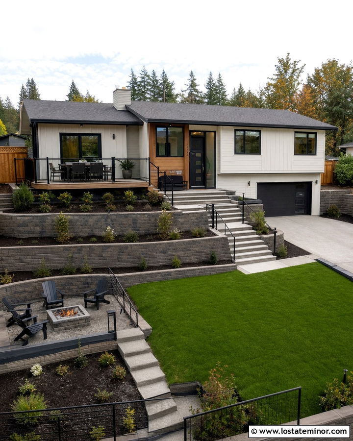 Warm White Split Level With Terraced Backyard - 30 Warm White House Design With Backyard Ideas