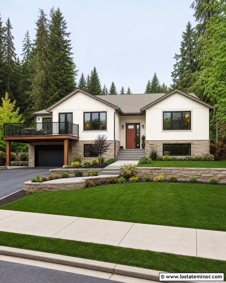 Warm White Split Level With Two Tone Deck - 30 Warm White House Design With Deck Ideas