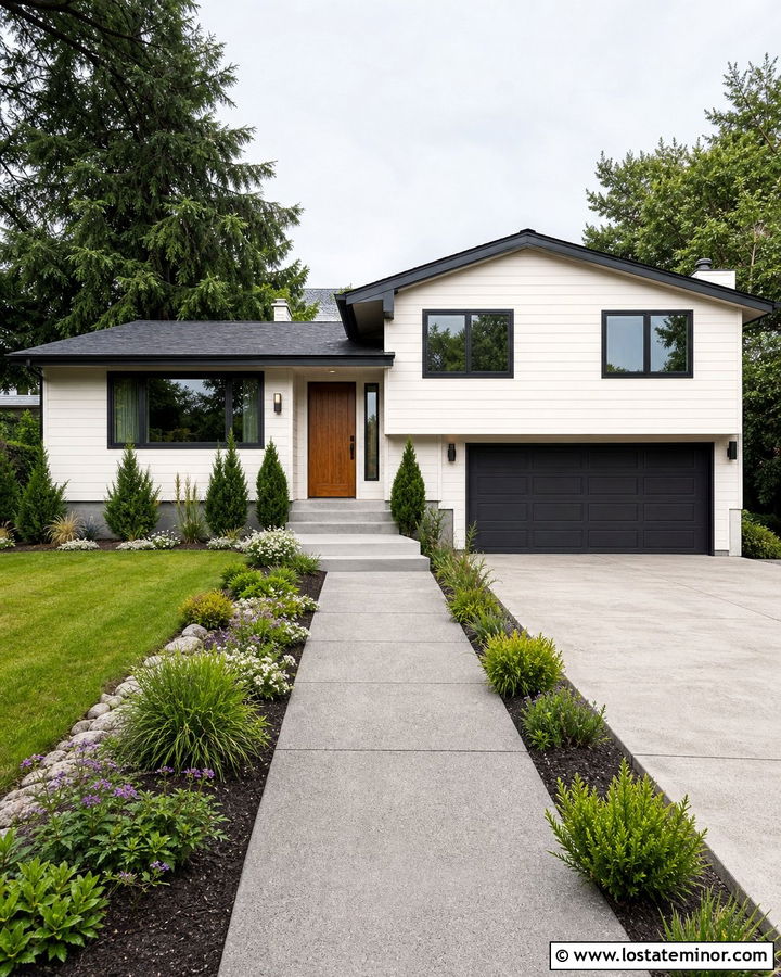 Warm White Split Level With Wide Concrete Walkway - 30 Warm White House Design With Walkway Ideas