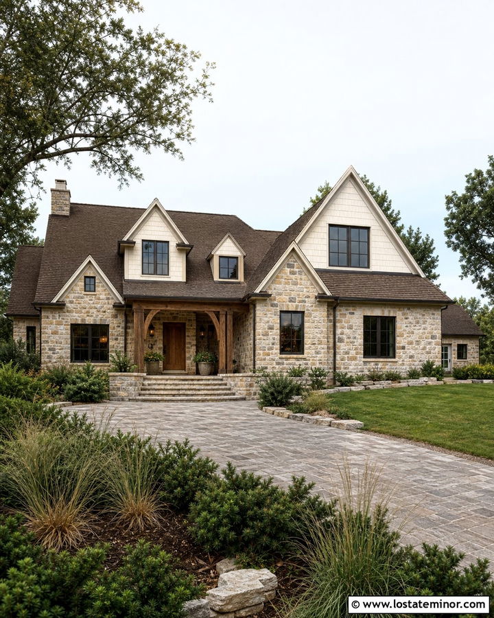 Warm White Stone House With Gable Dormers - 30 Warm White House Design With Dormers Ideas