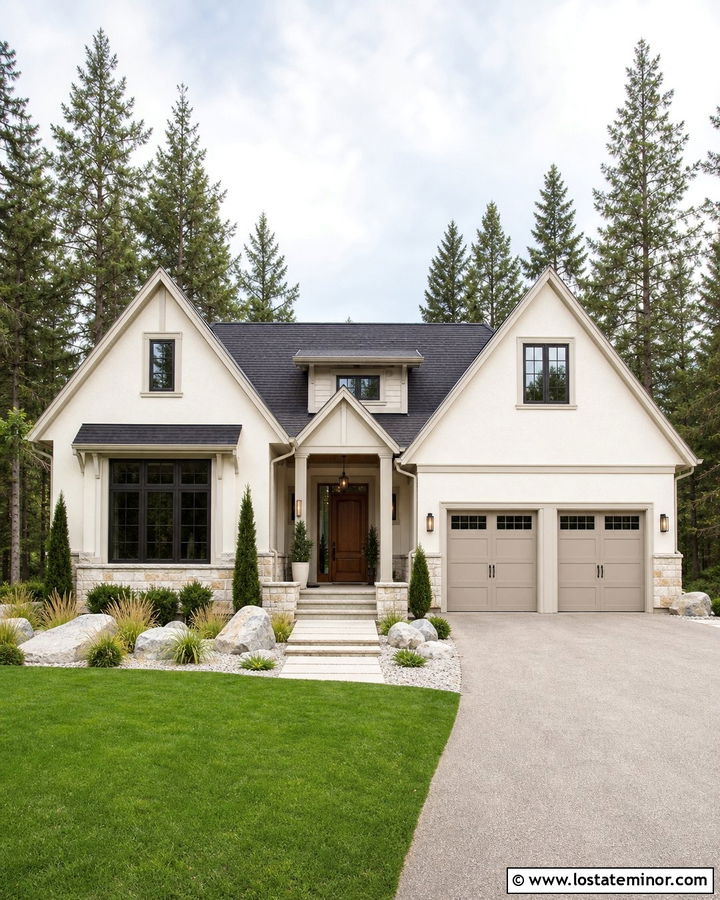 Warm White Stone House With Mushroom Porch Ceiling - 30 Warm White House Design With Porch Ceiling Ideas