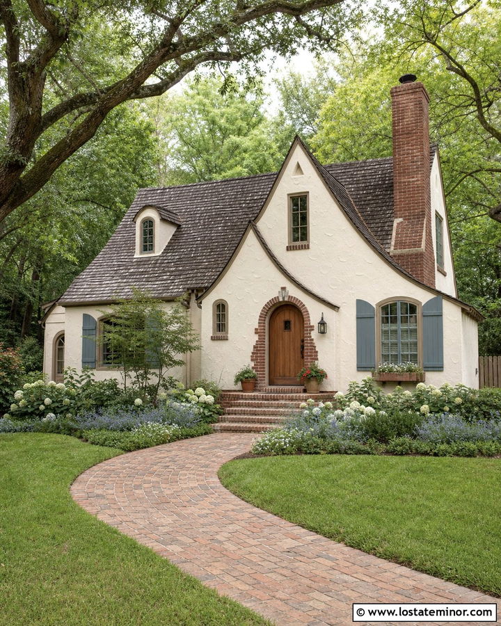 Warm White Storybook Cottage With Brick Details - 30 Warm White House Design With Brick Accents Ideas