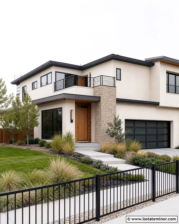 Warm White Stucco House With Black Metal Fence - 30 Warm White House Design With Fence Ideas