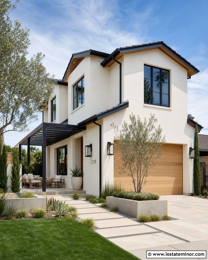 Warm White Stucco House With Black Pergola - 30 Warm White House Design With Pergola Ideas